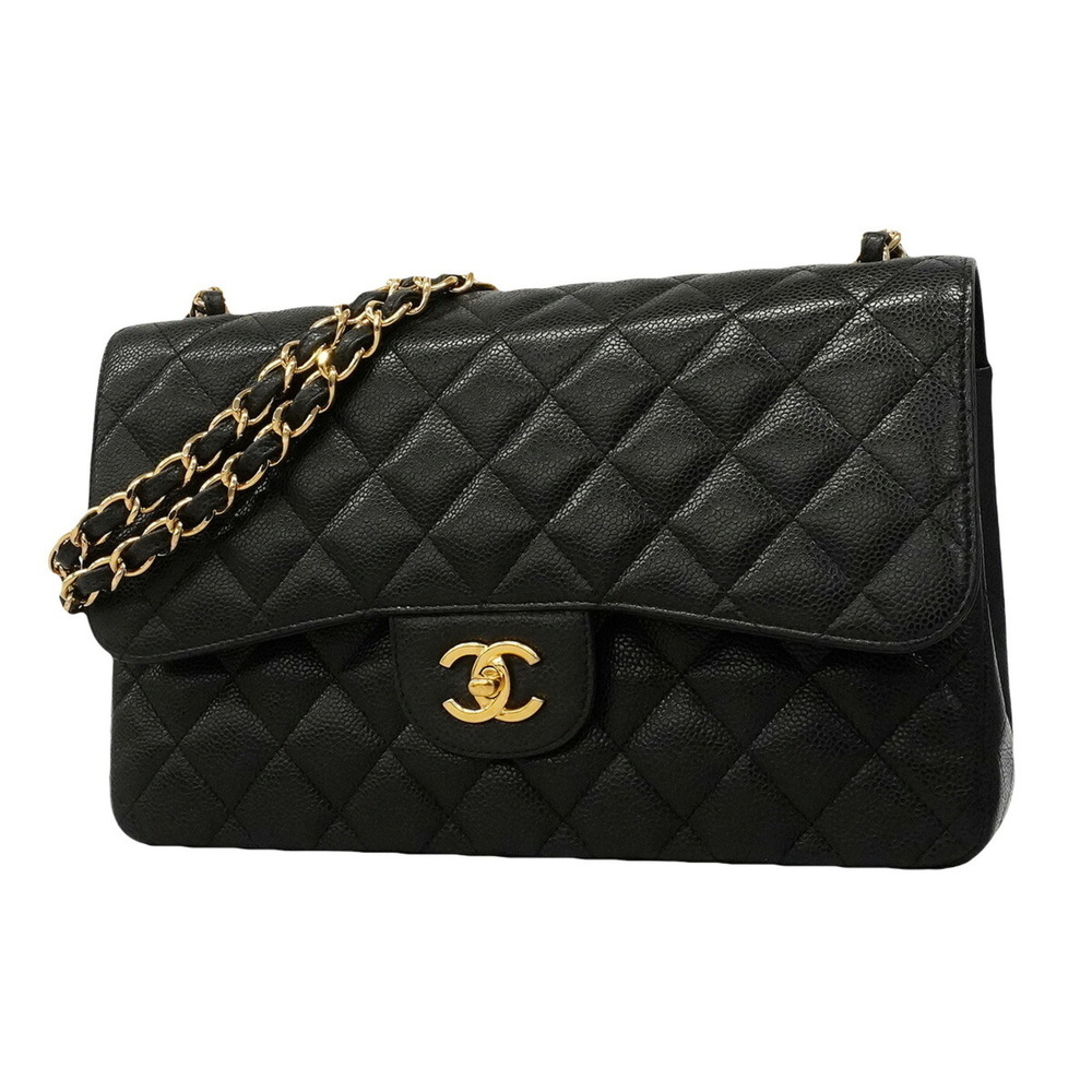 Chanel Shoulder Bag, Large Matelassé Chain Caviar Leather, Black, Women's, OP...
